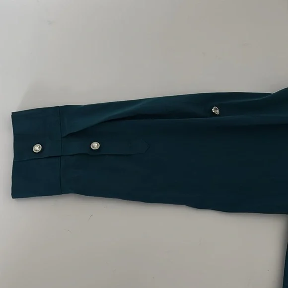 Teal Long Sleeve Blouse XXL Rhinestone Buttons Office Chic Minimalist Workwear - Picture 12 of 15